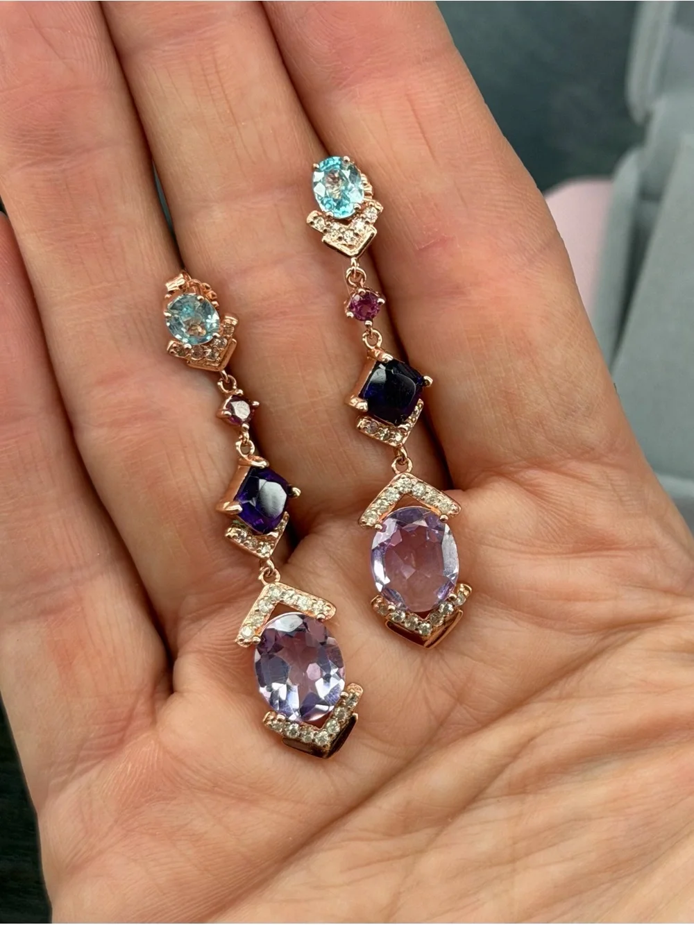 STUNNING! Natural Amethyst, Garnet, Topaz Dangle Earrings 14K Rose Gold over SS
